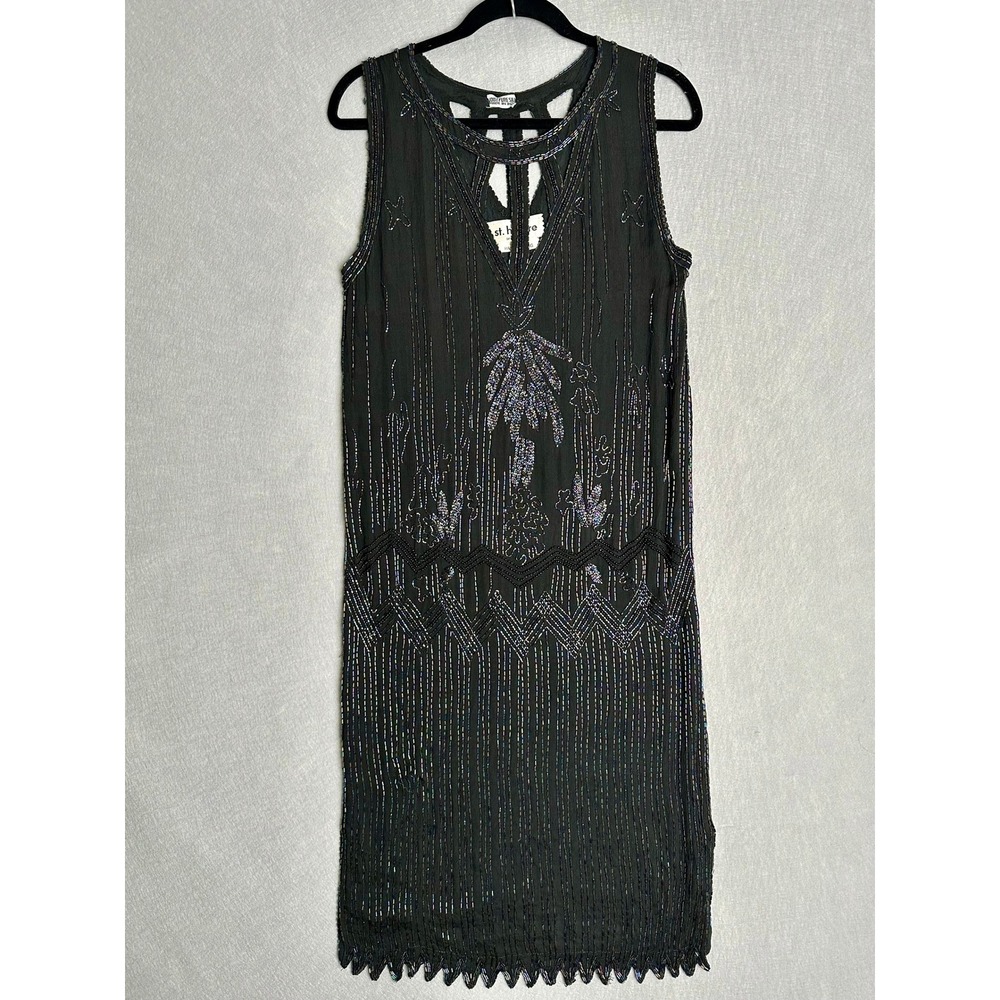 St. Honore Vintage Black Silk Beaded Flapper Dress Iridescent Art Deco Medium